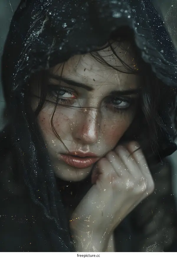 Portrait of a young woman in a black hood