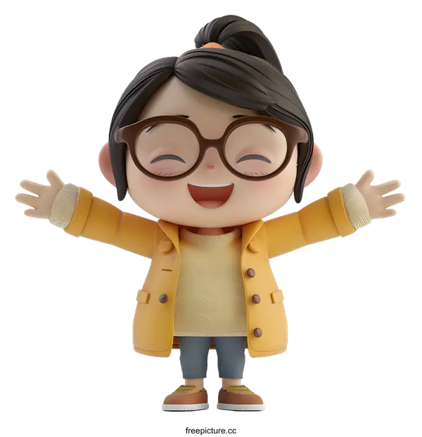 [Transparent Background PNG]Smiling Cartoon Girl Character in Yellow Coat