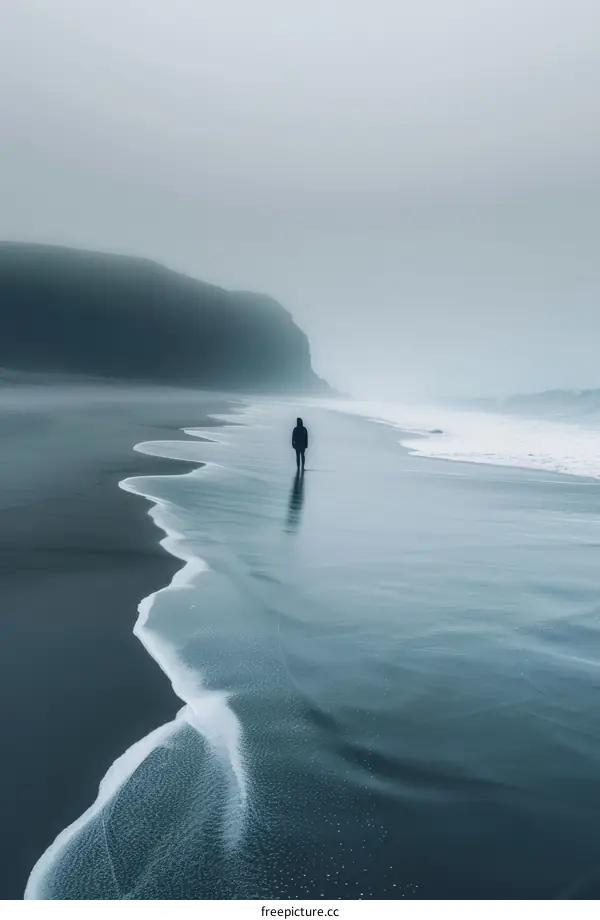 Black sand beach with dark cliff and lonely person walking on the wet sand