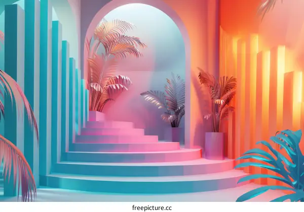 Colorful Abstract Stairway Illustration with Tropical Plants