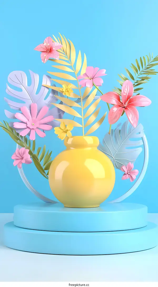 Yellow Vase with Flowers and Leaves on Blue Background