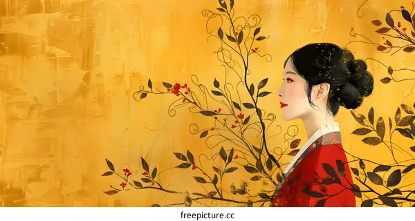 An illustration of a woman in a red kimono with black hair and red lips standing in front of a yellow textured background with a tree with red berries.