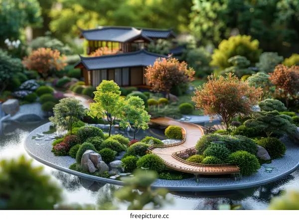 Miniature Japanese Zen Garden with House, Trees, and Pond