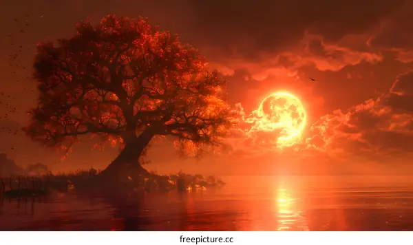Silhouette of Tree at Sunset With a Large Red Moon