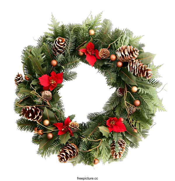 [Transparent Background PNG]Christmas Wreath With Pine Cones and Poinsettia