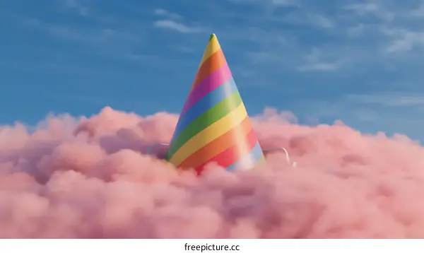 Colorful Rainbow Party Hat Floating on Pink Clouds