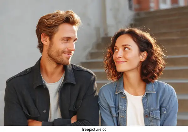 Couple Looking Upward on Outdoor Steps