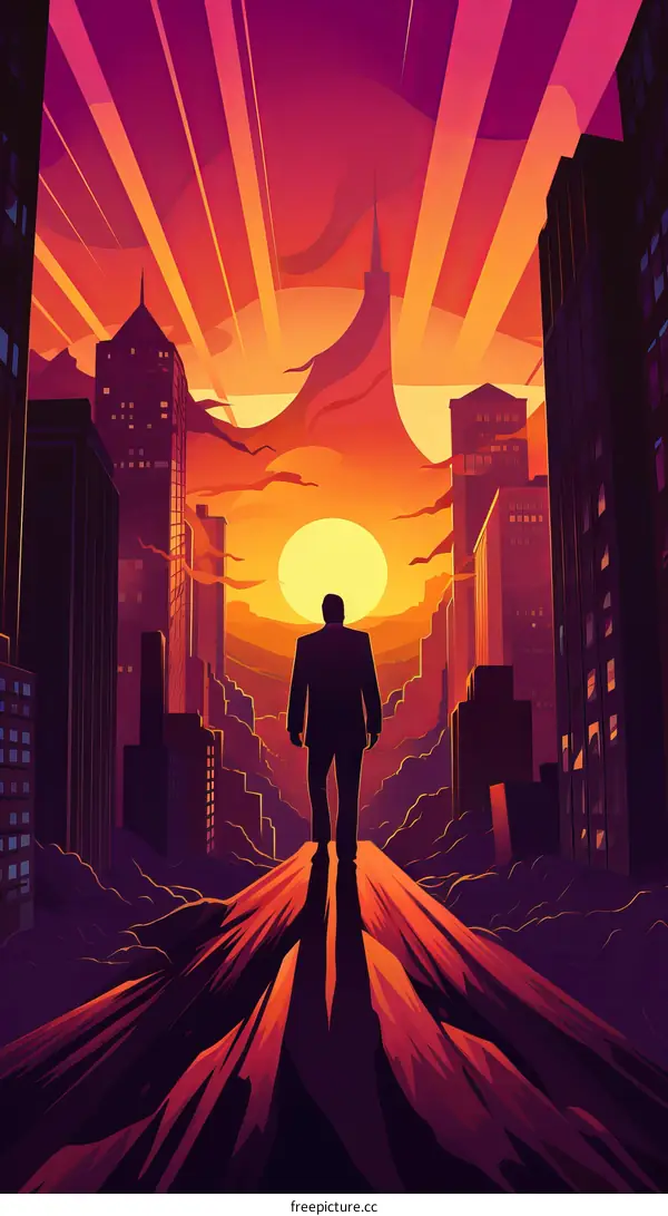 Businessman standing on top of a mountain looking at the city