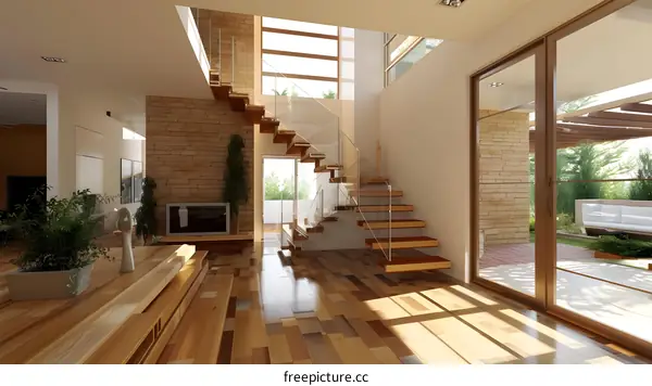 Modern Home Interior Design with Wooden Staircase and Glass Railing