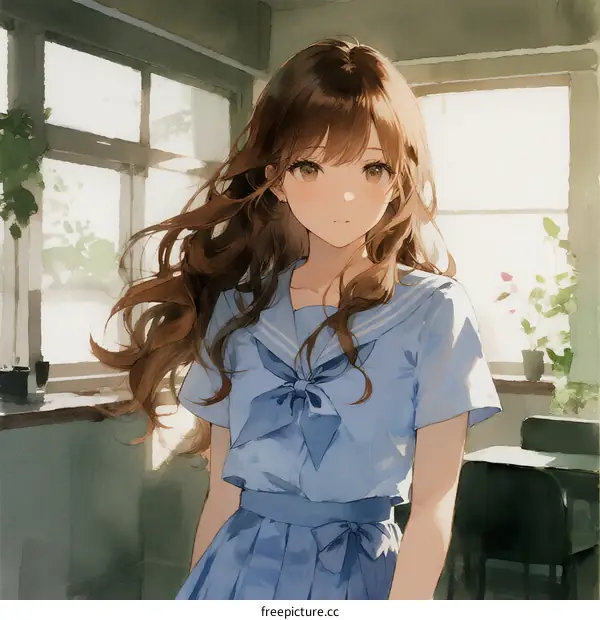 A young woman with long wavy hair in blue school uniform standing in classroom