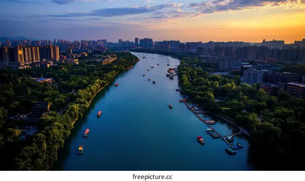 Cityscape River Sunset View with Boats