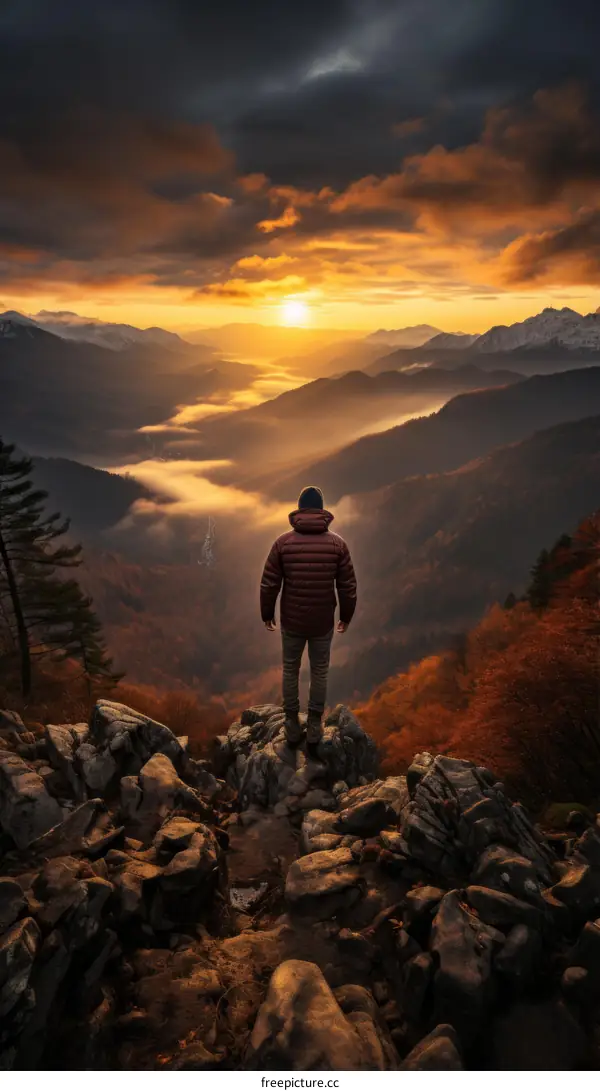 Man on a Mountain Overlooking a Valley at Sunset