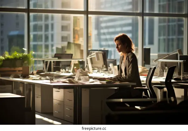 A woman working alone in an office