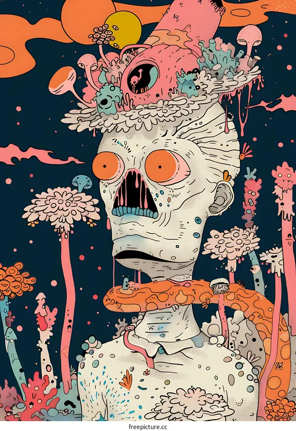Surreal Illustration of a Human Head with Mushrooms and Strange Creatures