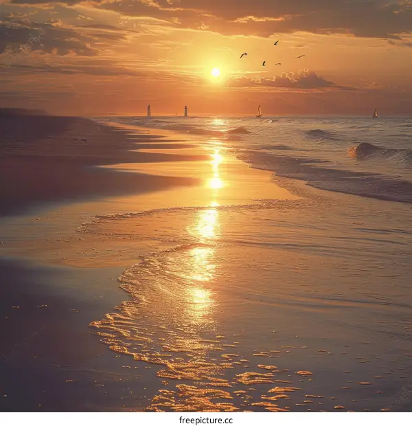 Beach sunset with sailboats and birds flying