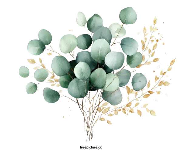 [Transparent Background PNG]Watercolor Eucalyptus and Gold Leaf Arrangement