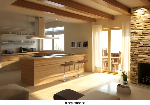 Modern Kitchen Interior Design With Wooden Beams And Fireplace