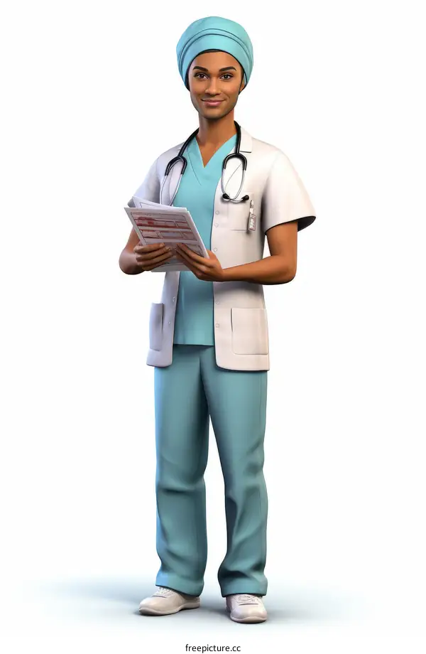 A female doctor of Indian ethnicity is wearing a lab coat and stethoscope while holding a patient's chart.