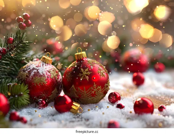 Red and gold Christmas baubles on snow with festive bokeh background