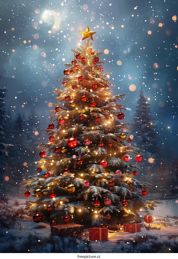 A snowy forest with a Christmas tree in the centre