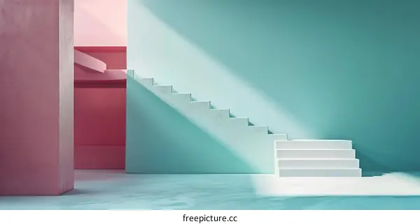 Minimalist Staircase With Blue And Pink Walls