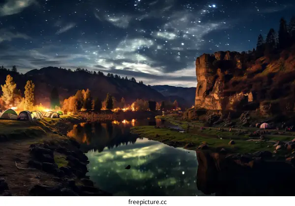 People camping near a river at night
