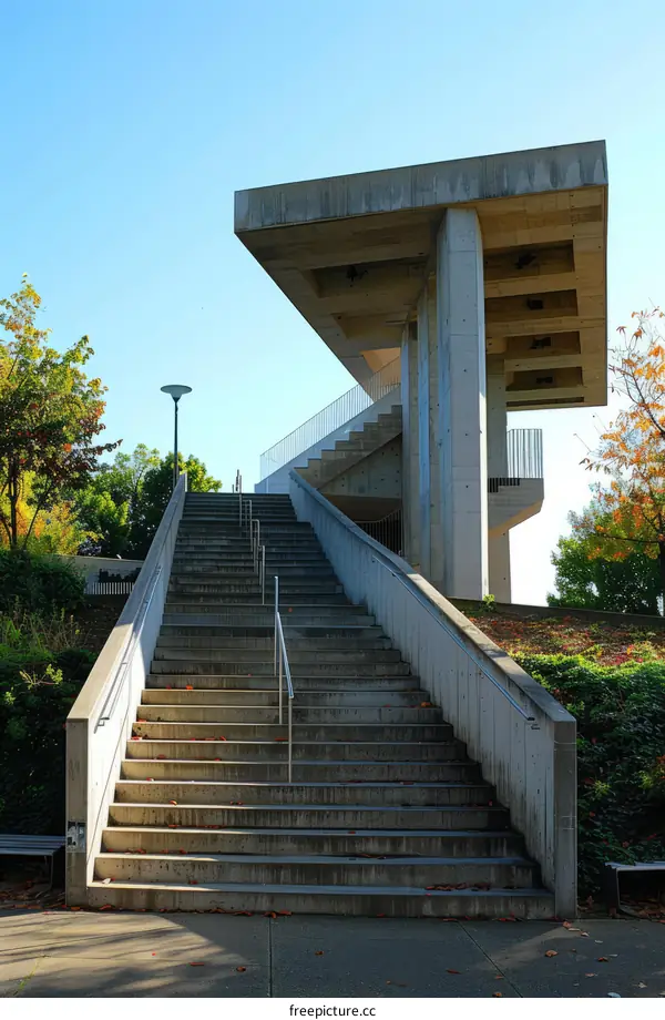 A wide concrete staircase leads up to a brutalist concrete building with autumn trees in the background