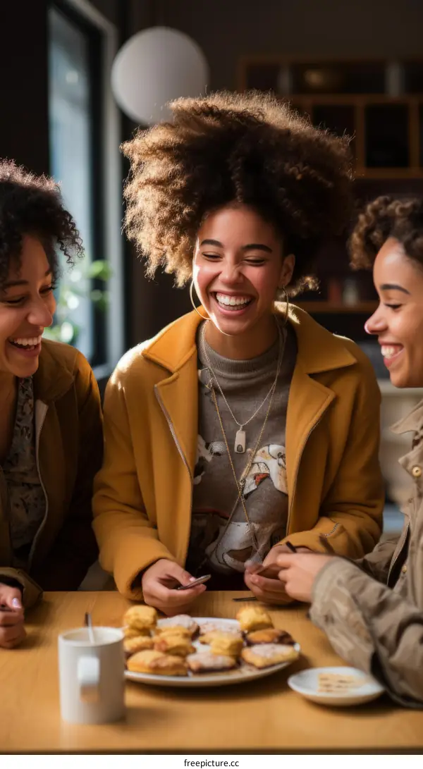 Three young African American women laughing and eating pastries
