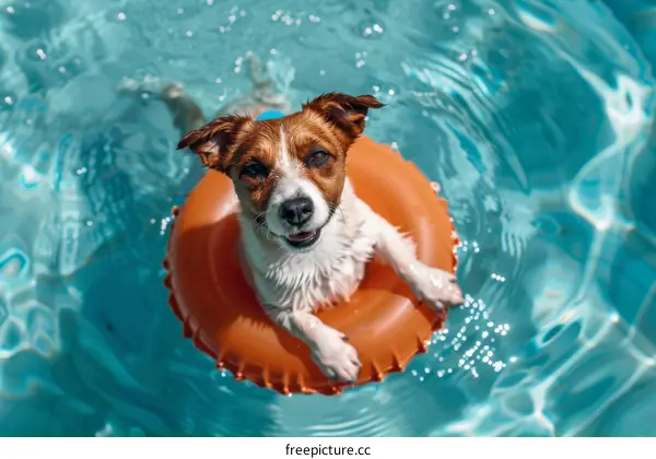 A happy dog playing in the water with an orange float