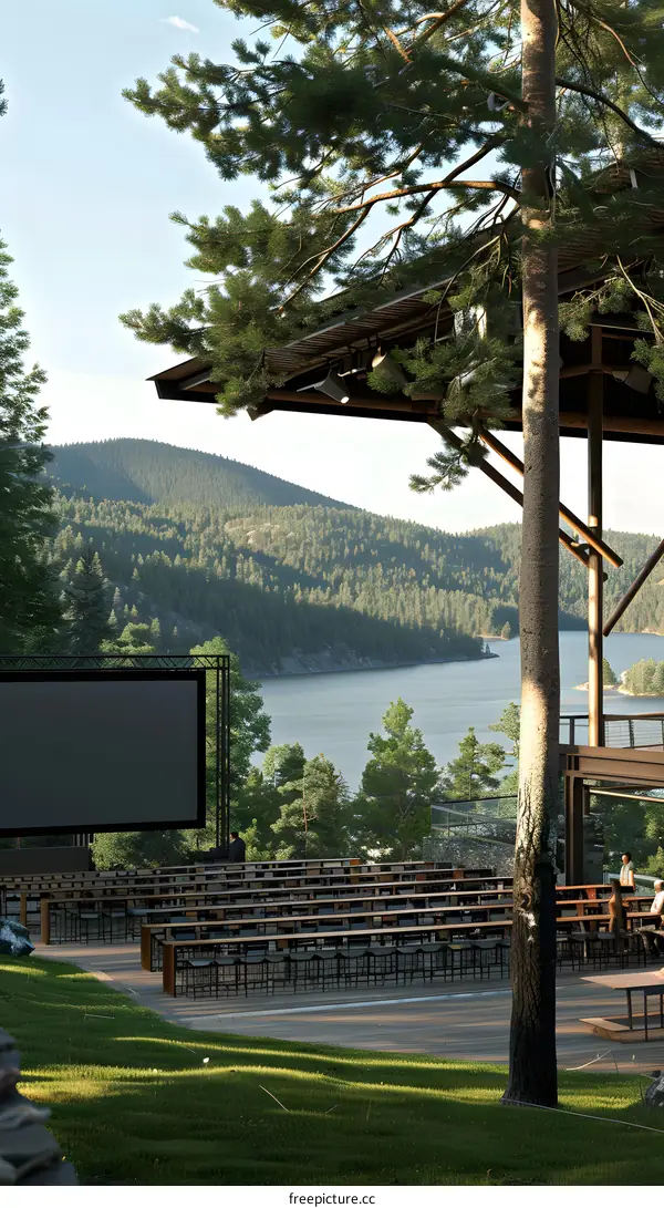 Outdoor Amphitheater with Lake and Mountain View