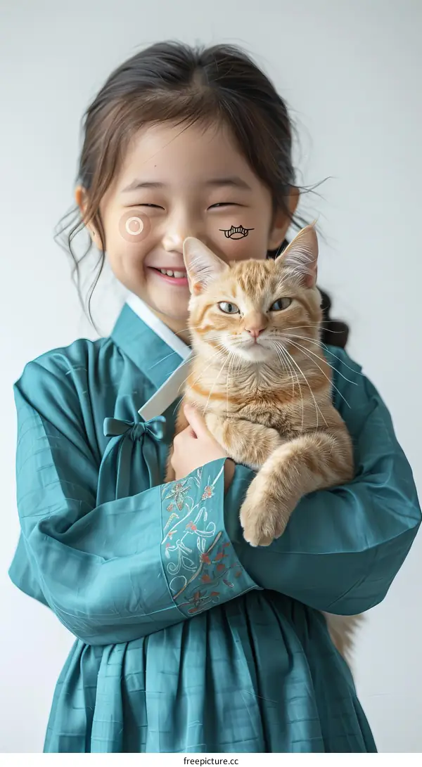 Little Asian girl in blue traditional dress holding an orange cat