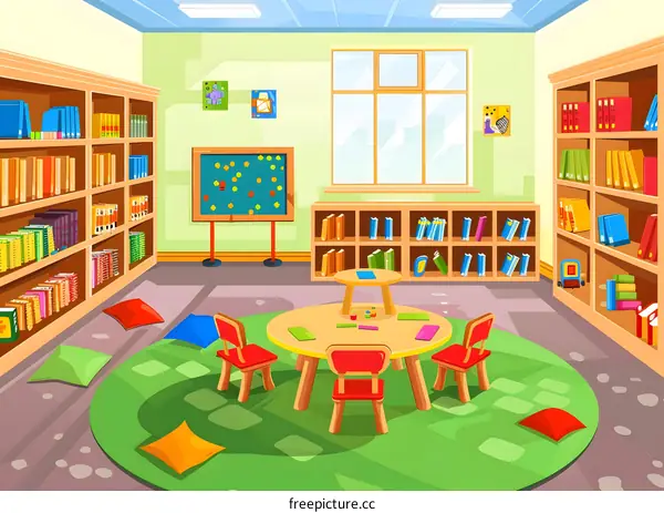 Cartoon Illustration Of A Kids Library Classroom With Bookshelves