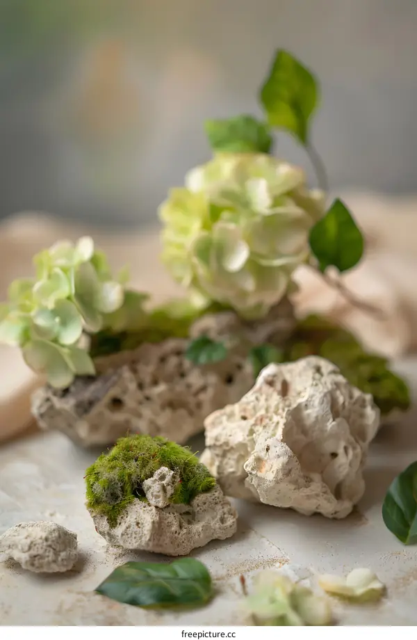Green Moss On White Rocks And Green Leaves