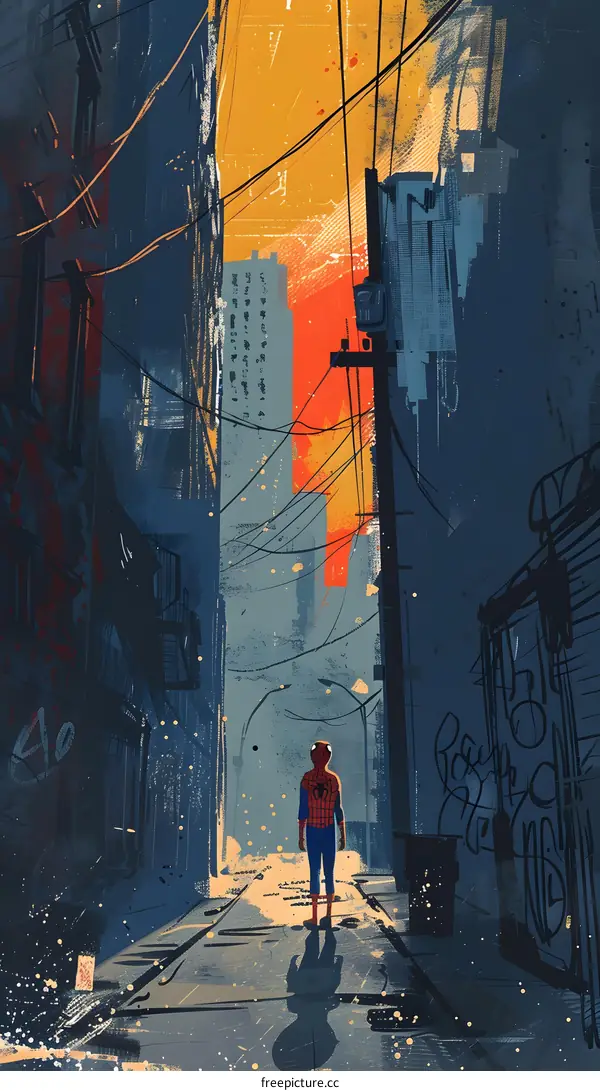 Spider Man Stands in an Alleyway in a City