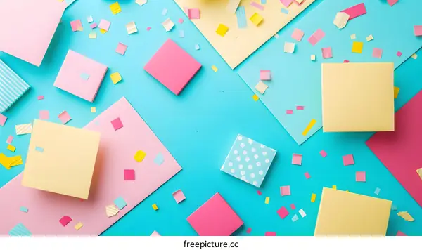 Colorful Paper Notes and Confetti on Blue Background