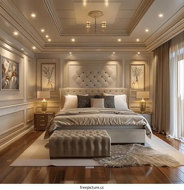 Luxurious hotel bedroom with king size bed and fur carpet