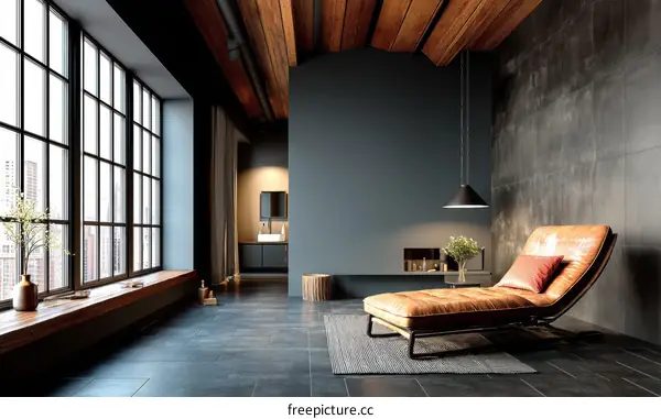 Modern Industrial Loft Living Room with Leather Lounger