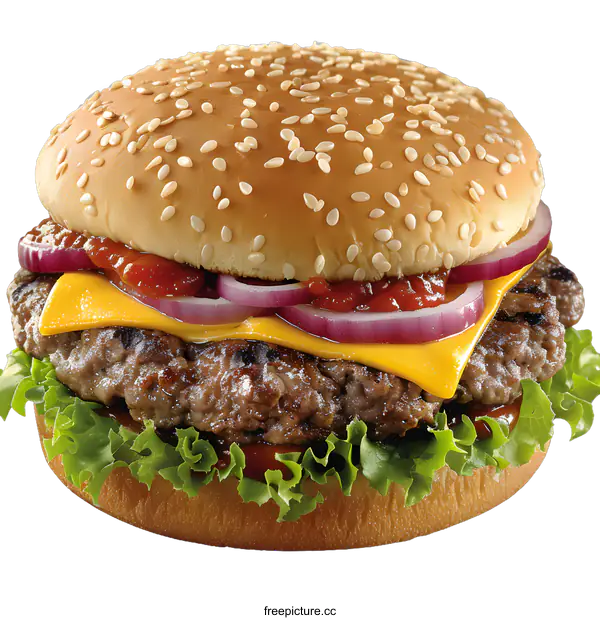 [Transparent Background PNG]A delicious cheeseburger with red onions and lettuce