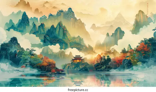 Chinese Landscape Painting Illustration with Mountains, Trees, and Pavilion