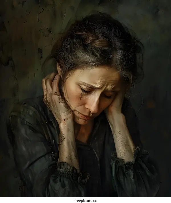 Sad Woman Portrait With Dirty Hands and Tears