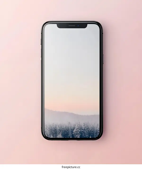 Black Smartphone With Snowy Mountain Landscape Wallpaper on Pink Background