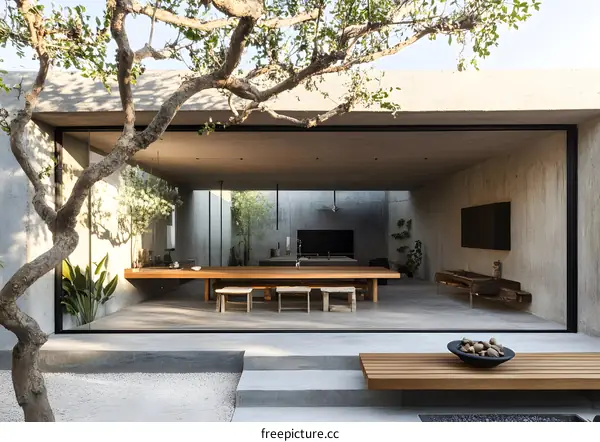 Modern Concrete Patio with Wooden Table and Benches