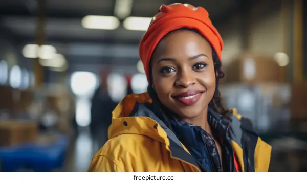 Portrait of a smiling young African American woman wearing a hard hat in a warehouse