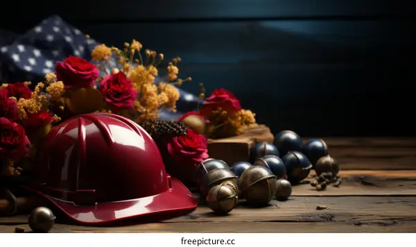 Red hard hat with flowers and American flag