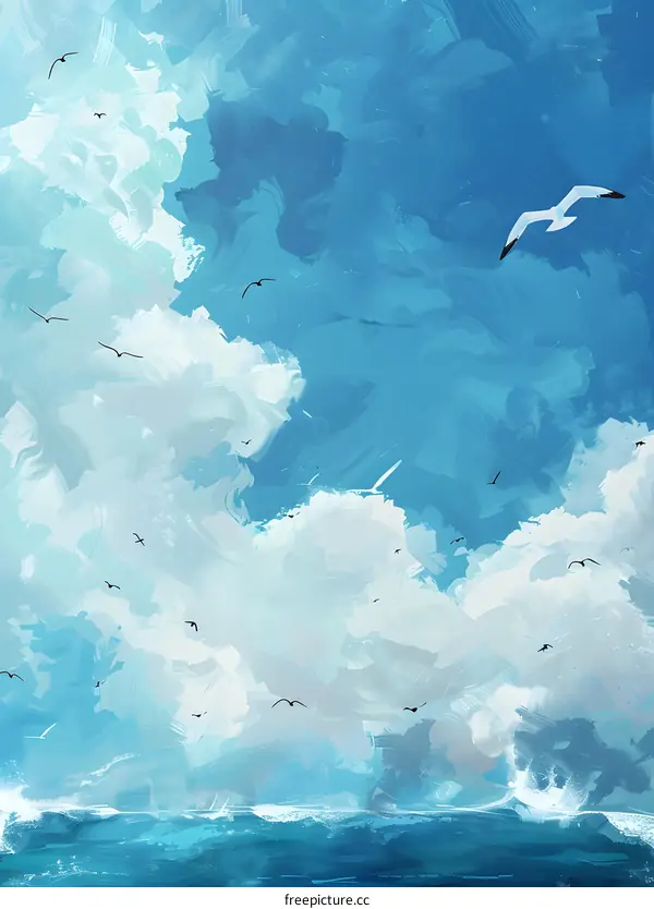 Seagulls Flying Through Blue Sky and White Clouds