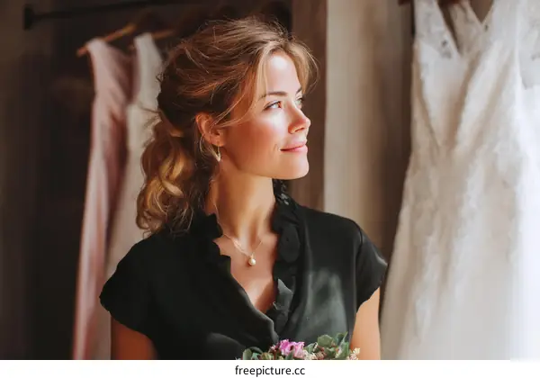 Woman in Black Dress Looking at Wedding Dress