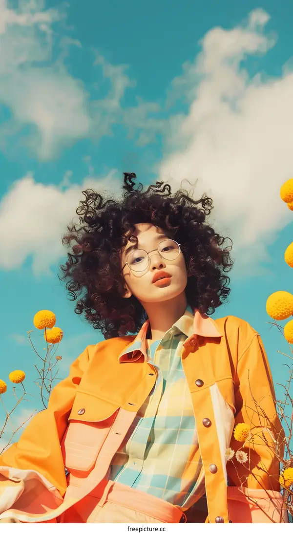 Woman with Curly Hair Posing in Yellow Jacket