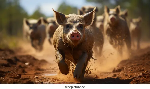 Wild Boars Running in Mud
