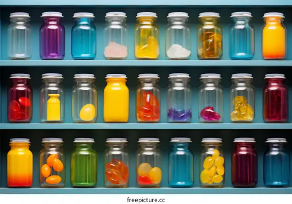 Colorful Glass Jars on Blue Shelves