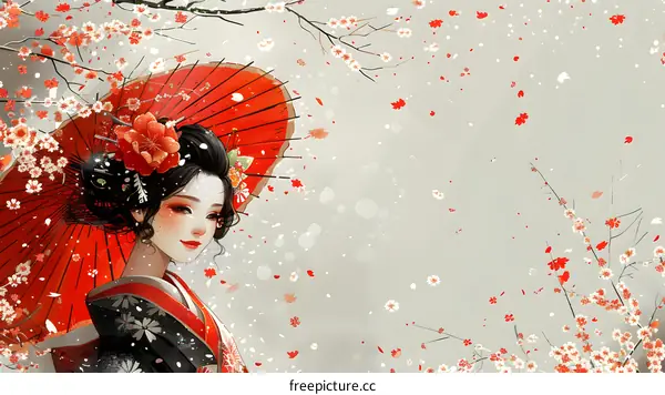 A beautiful Japanese woman in a kimono holding a red umbrella under a cherry blossom tree.